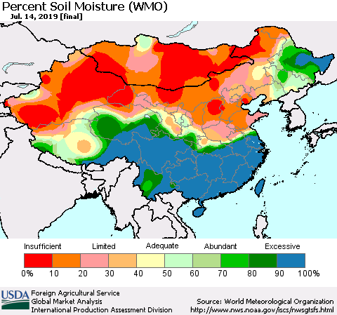 China, Mongolia and Taiwan Percent Soil Moisture (WMO) Thematic Map For 7/8/2019 - 7/14/2019