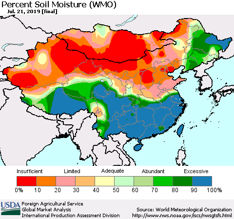 China, Mongolia and Taiwan Percent Soil Moisture (WMO) Thematic Map For 7/15/2019 - 7/21/2019