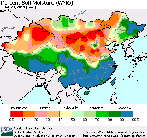 China and Taiwan Percent Soil Moisture (WMO) Thematic Map For 7/22/2019 - 7/28/2019