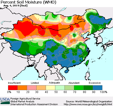 China, Mongolia and Taiwan Percent Soil Moisture (WMO) Thematic Map For 7/29/2019 - 8/4/2019
