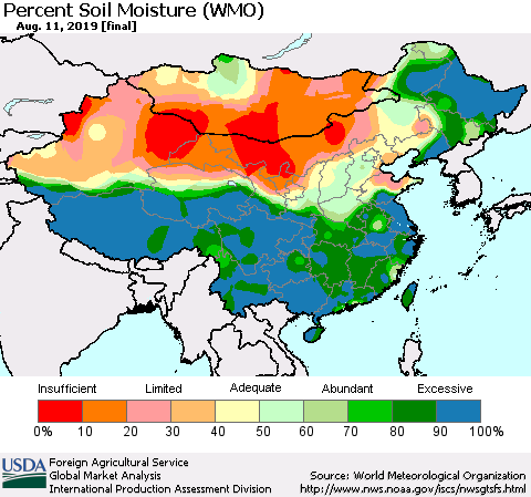 China and Taiwan Percent Soil Moisture (WMO) Thematic Map For 8/5/2019 - 8/11/2019