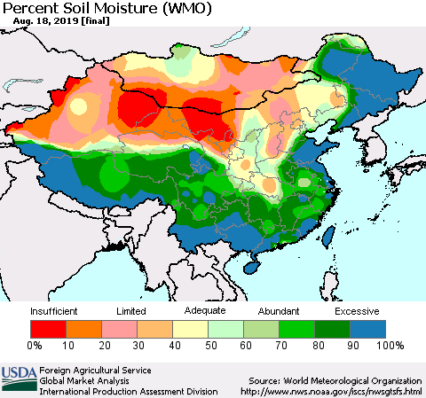 China, Mongolia and Taiwan Percent Soil Moisture (WMO) Thematic Map For 8/12/2019 - 8/18/2019