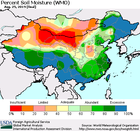 China and Taiwan Percent Soil Moisture (WMO) Thematic Map For 8/19/2019 - 8/25/2019