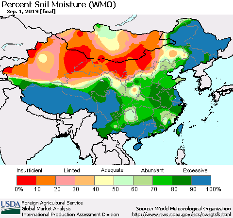 China, Mongolia and Taiwan Percent Soil Moisture (WMO) Thematic Map For 8/26/2019 - 9/1/2019