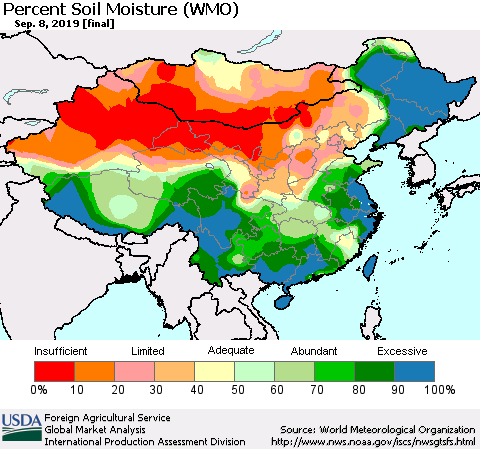 China and Taiwan Percent Soil Moisture (WMO) Thematic Map For 9/2/2019 - 9/8/2019