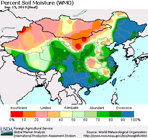 China and Taiwan Percent Soil Moisture (WMO) Thematic Map For 9/9/2019 - 9/15/2019