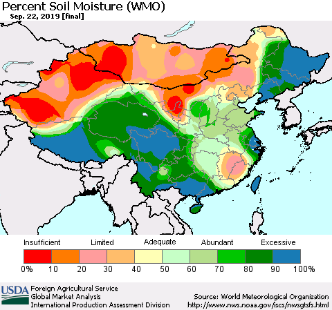 China and Taiwan Percent Soil Moisture (WMO) Thematic Map For 9/16/2019 - 9/22/2019