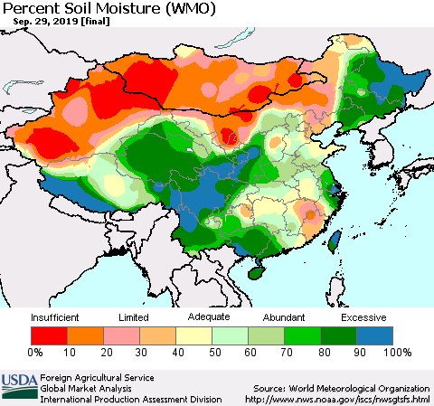 China and Taiwan Percent Soil Moisture (WMO) Thematic Map For 9/23/2019 - 9/29/2019