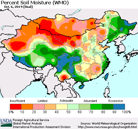 China, Mongolia and Taiwan Percent Soil Moisture (WMO) Thematic Map For 9/30/2019 - 10/6/2019
