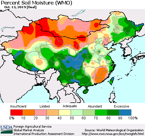 China, Mongolia and Taiwan Percent Soil Moisture (WMO) Thematic Map For 10/7/2019 - 10/13/2019