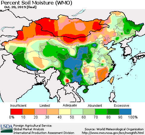 China, Mongolia and Taiwan Percent Soil Moisture (WMO) Thematic Map For 10/14/2019 - 10/20/2019