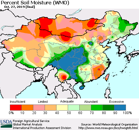 China and Taiwan Percent Soil Moisture (WMO) Thematic Map For 10/21/2019 - 10/27/2019
