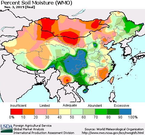 China and Taiwan Percent Soil Moisture (WMO) Thematic Map For 10/28/2019 - 11/3/2019