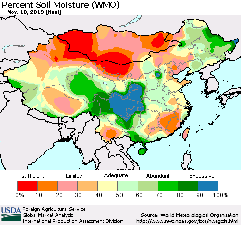 China, Mongolia and Taiwan Percent Soil Moisture (WMO) Thematic Map For 11/4/2019 - 11/10/2019