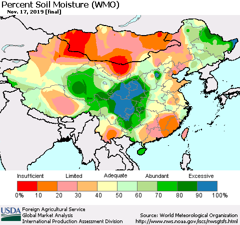 China, Mongolia and Taiwan Percent Soil Moisture (WMO) Thematic Map For 11/11/2019 - 11/17/2019