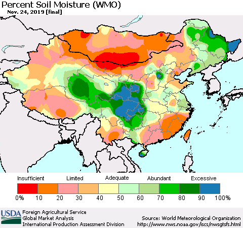 China, Mongolia and Taiwan Percent Soil Moisture (WMO) Thematic Map For 11/18/2019 - 11/24/2019