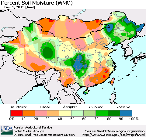 China, Mongolia and Taiwan Percent Soil Moisture (WMO) Thematic Map For 11/25/2019 - 12/1/2019
