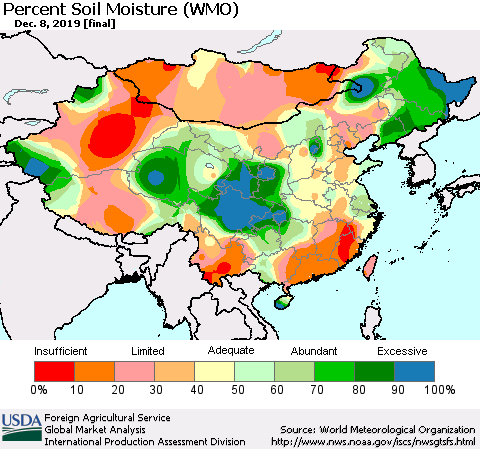 China, Mongolia and Taiwan Percent Soil Moisture (WMO) Thematic Map For 12/2/2019 - 12/8/2019