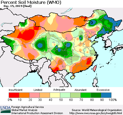 China, Mongolia and Taiwan Percent Soil Moisture (WMO) Thematic Map For 12/9/2019 - 12/15/2019