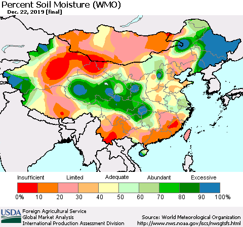 China, Mongolia and Taiwan Percent Soil Moisture (WMO) Thematic Map For 12/16/2019 - 12/22/2019