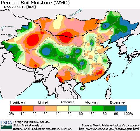 China, Mongolia and Taiwan Percent Soil Moisture (WMO) Thematic Map For 12/23/2019 - 12/29/2019
