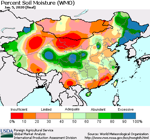 China, Mongolia and Taiwan Percent Soil Moisture (WMO) Thematic Map For 12/30/2019 - 1/5/2020