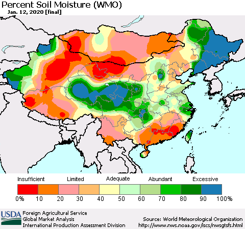 China, Mongolia and Taiwan Percent Soil Moisture (WMO) Thematic Map For 1/6/2020 - 1/12/2020