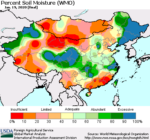 China, Mongolia and Taiwan Percent Soil Moisture (WMO) Thematic Map For 1/13/2020 - 1/19/2020