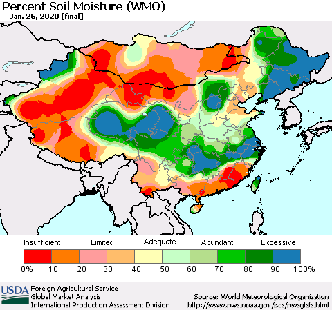 China, Mongolia and Taiwan Percent Soil Moisture (WMO) Thematic Map For 1/20/2020 - 1/26/2020