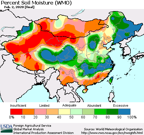 China, Mongolia and Taiwan Percent Soil Moisture (WMO) Thematic Map For 1/27/2020 - 2/2/2020