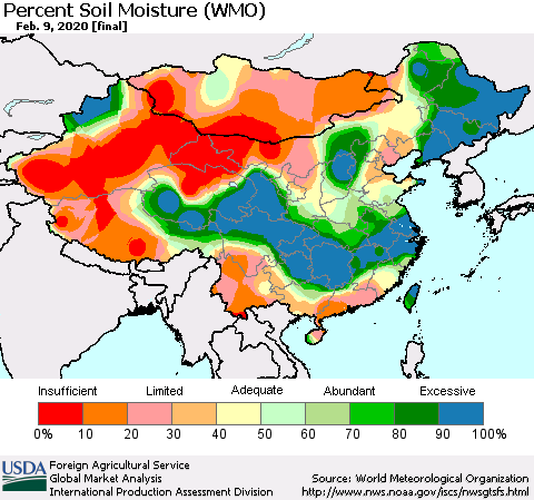 China, Mongolia and Taiwan Percent Soil Moisture (WMO) Thematic Map For 2/3/2020 - 2/9/2020