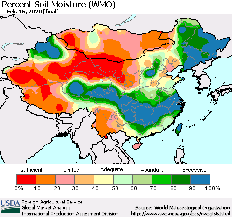 China, Mongolia and Taiwan Percent Soil Moisture (WMO) Thematic Map For 2/10/2020 - 2/16/2020