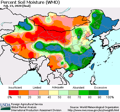 China, Mongolia and Taiwan Percent Soil Moisture (WMO) Thematic Map For 2/17/2020 - 2/23/2020