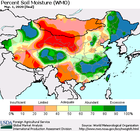 China, Mongolia and Taiwan Percent Soil Moisture (WMO) Thematic Map For 2/24/2020 - 3/1/2020
