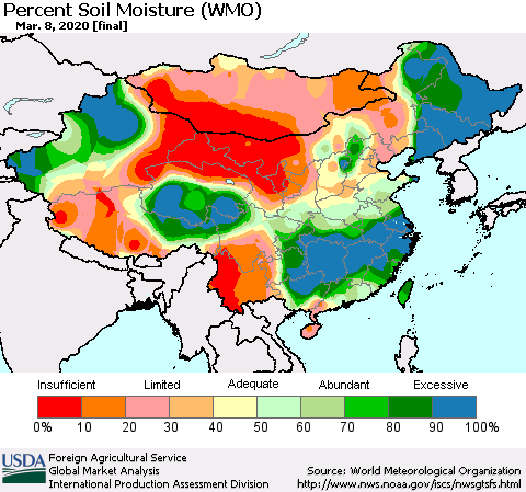 China, Mongolia and Taiwan Percent Soil Moisture (WMO) Thematic Map For 3/2/2020 - 3/8/2020
