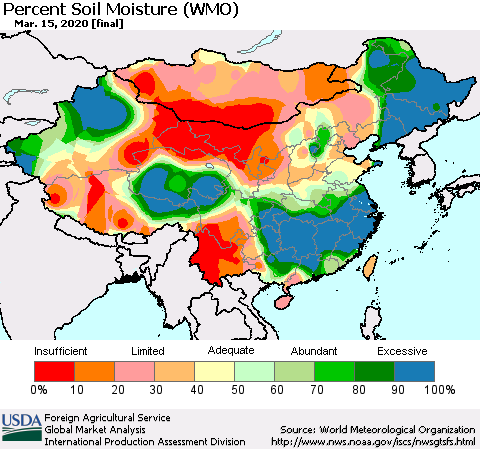 China, Mongolia and Taiwan Percent Soil Moisture (WMO) Thematic Map For 3/9/2020 - 3/15/2020