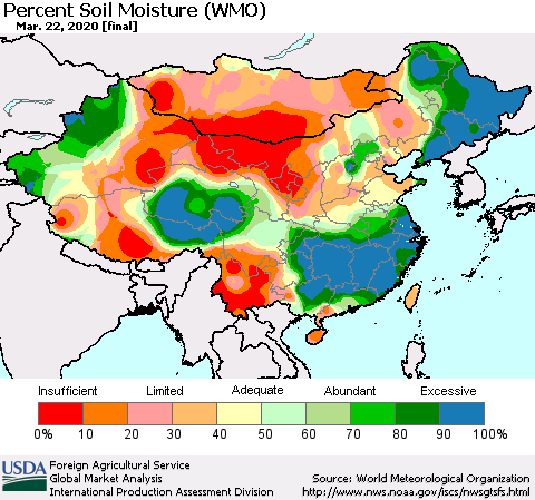 China, Mongolia and Taiwan Percent Soil Moisture (WMO) Thematic Map For 3/16/2020 - 3/22/2020
