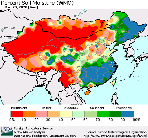 China, Mongolia and Taiwan Percent Soil Moisture (WMO) Thematic Map For 3/23/2020 - 3/29/2020