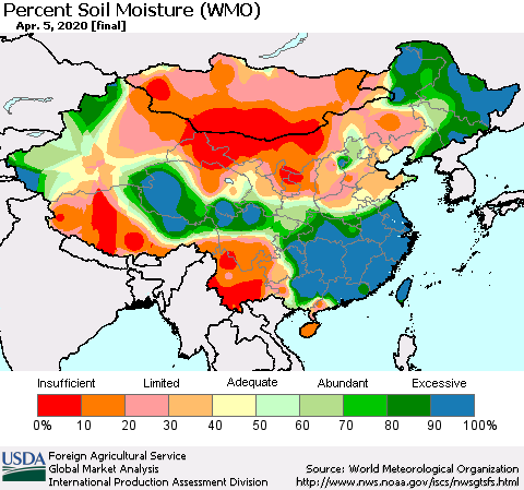 China, Mongolia and Taiwan Percent Soil Moisture (WMO) Thematic Map For 3/30/2020 - 4/5/2020