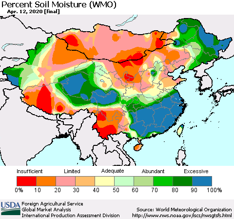 China, Mongolia and Taiwan Percent Soil Moisture (WMO) Thematic Map For 4/6/2020 - 4/12/2020