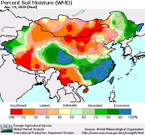 China, Mongolia and Taiwan Percent Soil Moisture (WMO) Thematic Map For 4/13/2020 - 4/19/2020