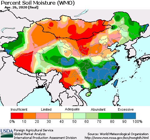 China, Mongolia and Taiwan Percent Soil Moisture (WMO) Thematic Map For 4/20/2020 - 4/26/2020