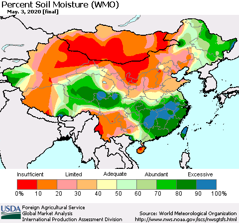 China, Mongolia and Taiwan Percent Soil Moisture (WMO) Thematic Map For 4/27/2020 - 5/3/2020