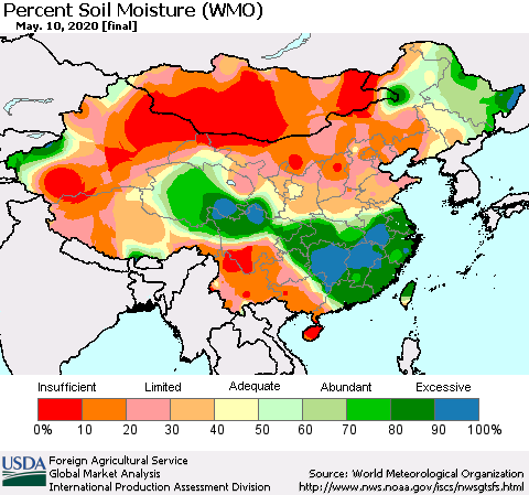 China, Mongolia and Taiwan Percent Soil Moisture (WMO) Thematic Map For 5/4/2020 - 5/10/2020