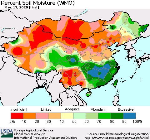 China, Mongolia and Taiwan Percent Soil Moisture (WMO) Thematic Map For 5/11/2020 - 5/17/2020