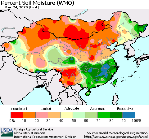 China, Mongolia and Taiwan Percent Soil Moisture (WMO) Thematic Map For 5/18/2020 - 5/24/2020