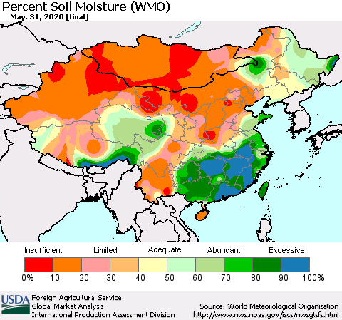 China, Mongolia and Taiwan Percent Soil Moisture (WMO) Thematic Map For 5/25/2020 - 5/31/2020