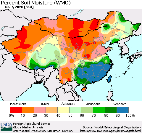 China, Mongolia and Taiwan Percent Soil Moisture (WMO) Thematic Map For 6/1/2020 - 6/7/2020