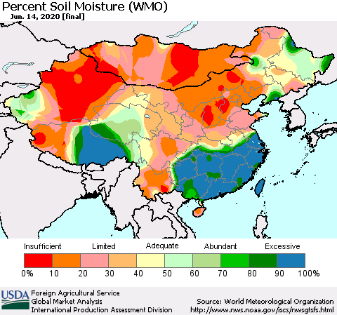 China, Mongolia and Taiwan Percent Soil Moisture (WMO) Thematic Map For 6/8/2020 - 6/14/2020