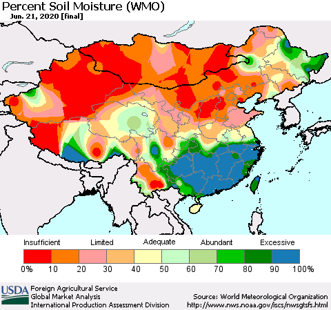 China, Mongolia and Taiwan Percent Soil Moisture (WMO) Thematic Map For 6/15/2020 - 6/21/2020